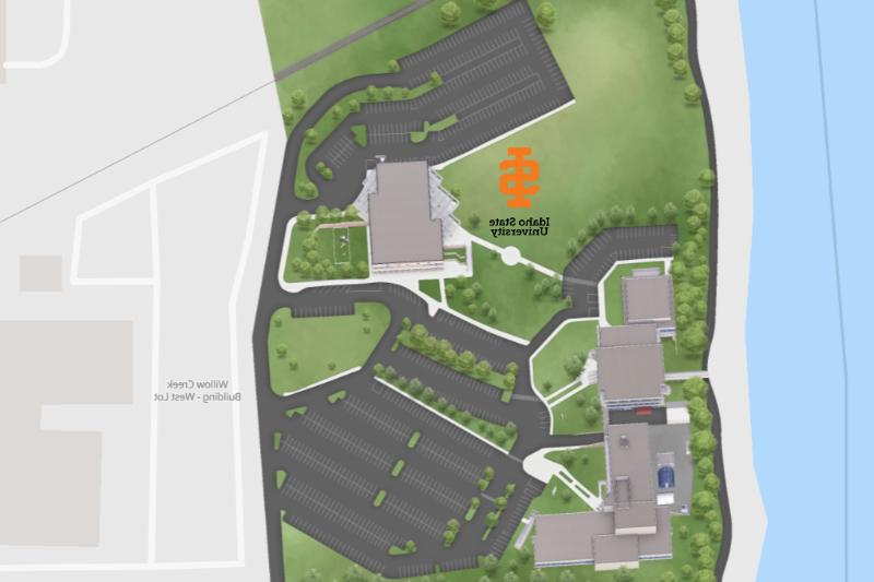 赌博平台大全爱达荷瀑布校区地图，突出了主要建筑和停车场.